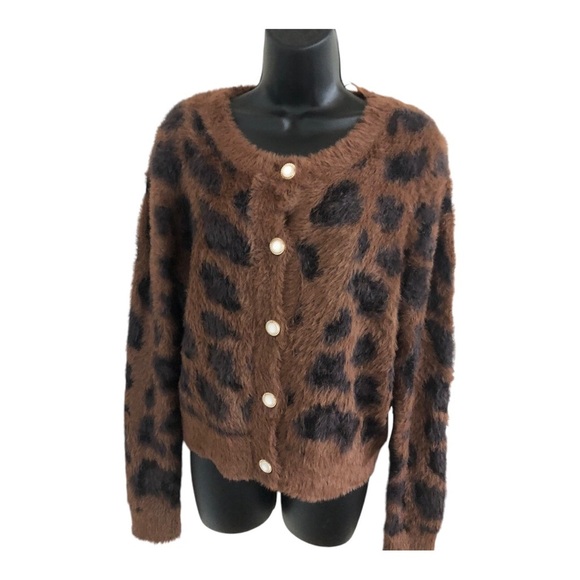 Brown black spotted fuzzy furry gold trim pearlized button cardigan sweater - Picture 2 of 11